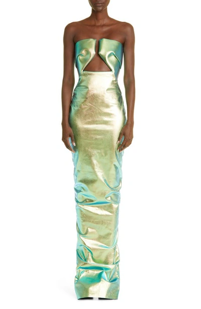 Shop Rick Owens Prong Iridescent Keyhole Cutout Coated Denim Strapless Gown