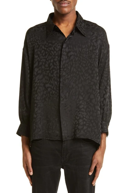 Shop Saint Laurent Boxy Leopard Pattern Silk Button-up Shirt In Noir