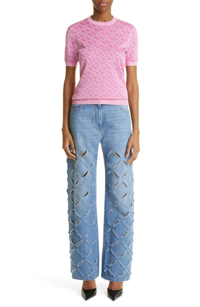 Shop Versace Laser Cutout Rigid Jeans In Blue
