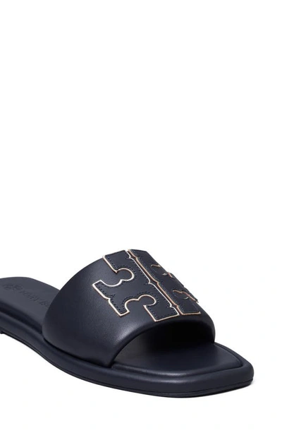 Shop Tory Burch Double-t Leather Sport Slide Sandal In Perfect Navy / Gold