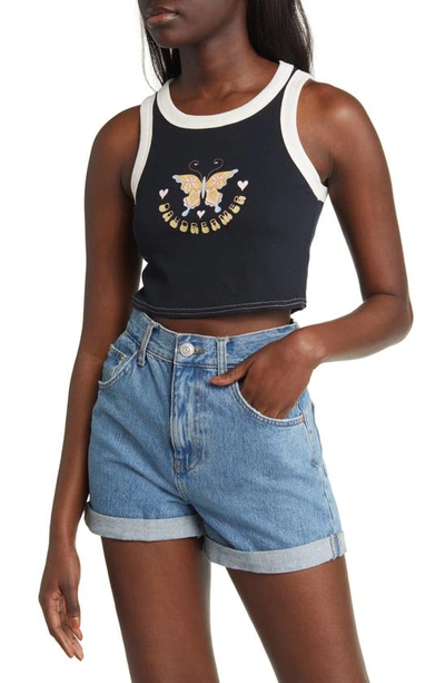 Shop Pacsun Butterfly Daydreamer Stretch Cotton Crop Tank In Anthracite