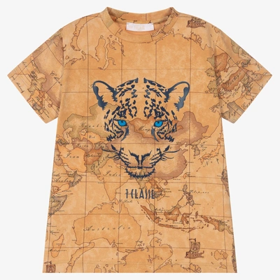 Shop Alviero Martini Boys Beige Cotton Geo Map Tiger T-shirt