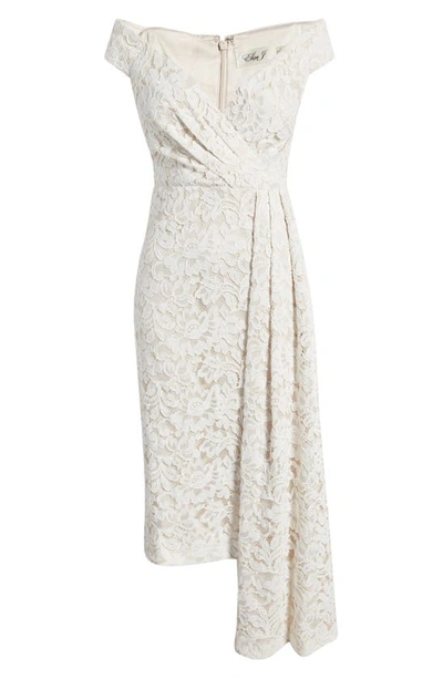 Shop Eliza J Off The Shoulder Lace Midi Sheath Dress In Ivory Beig