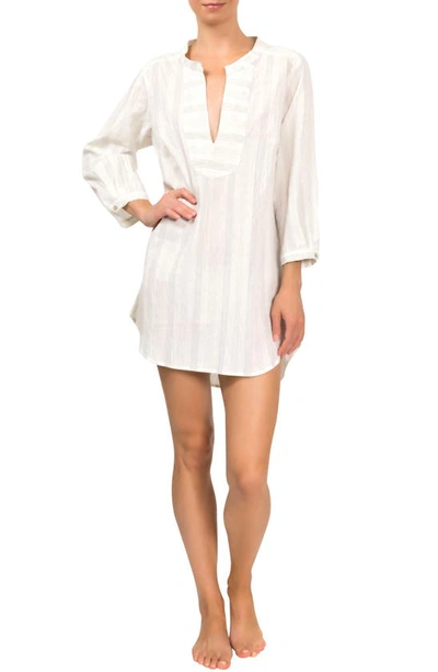 Shop Everyday Ritual Hailey Stripe Cotton Pajama Tunic In Honeydew Stripe