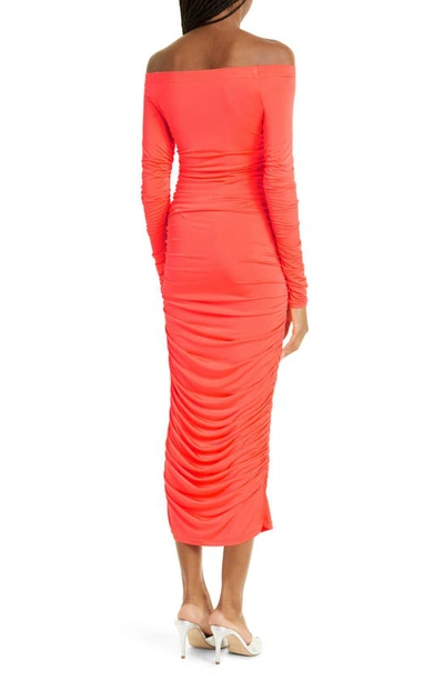 Shop L Agence Kamali Ruched Off The Shoulder Long Sleeve Dress In Neon Orange