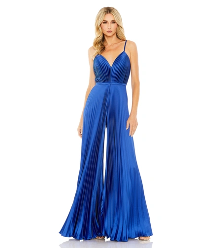 Shop Ieena For Mac Duggal Pleated Plunge Neck Wide Leg Jumpsuit In Royal