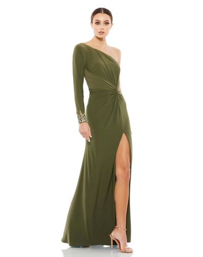 Mac Duggal One-shoulder Long Sleeve Jersey Gown In Ocean