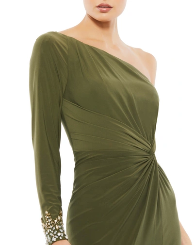 Mac Duggal One-shoulder Long Sleeve Jersey Gown In Ocean