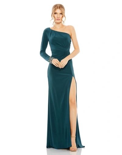 Mac Duggal One-shoulder Long Sleeve Jersey Gown In Ocean