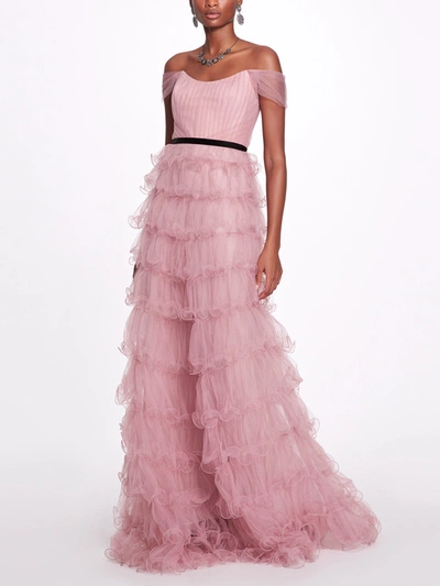 Shop Marchesa Multi-tiered Tulle Gown In Mauve