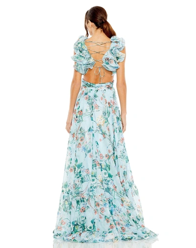 Mac Duggal Chiffon Cut-out Lace-up Back Gowm In Blue Multi