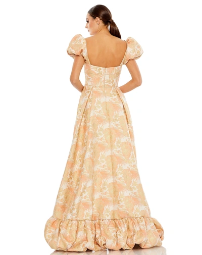 Shop Mac Duggal Floral Print Puff Sleeve High Low Brocade Gown In Peach