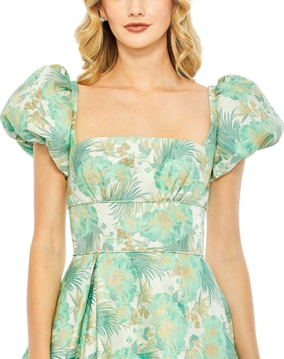 Shop Mac Duggal Floral Print Puff Sleeve High Low Brocade Gown In Spring Green