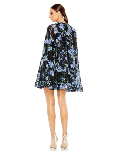 Shop Mac Duggal Floral Print High Neck Ruffle Hem Cape Mini Dress In Black Multi