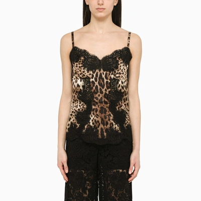 Shop Dolce & Gabbana Animalier Silk And Lace Top In Brown