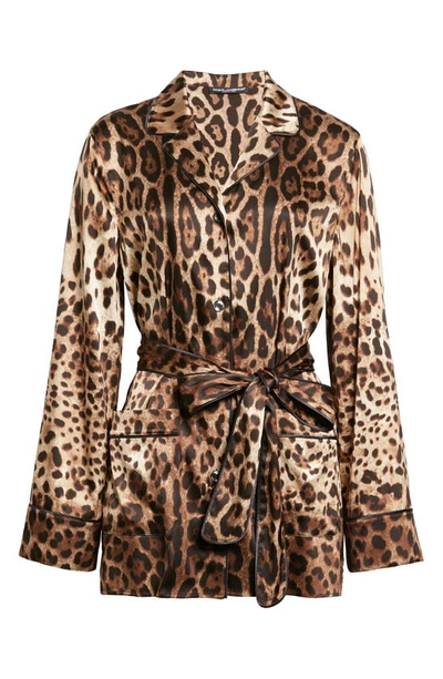 Dolce & Gabbana Diva Belted Leopard-print Silk-blend Satin Pajama Shirt In Light Brown