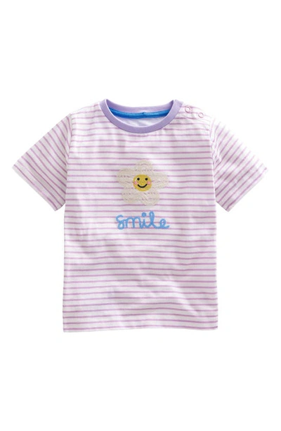 Shop Mini Boden Kids' Stripe Embroidered Cotton T-shirt In Ivory/soft Lavender