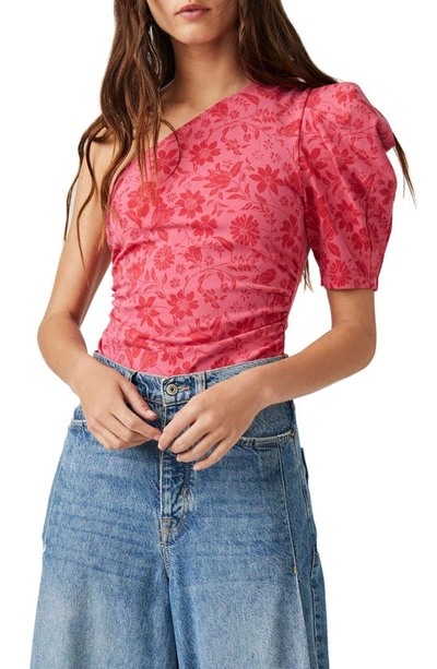Shop Free People One-shoulder Floral Print Bodysuit In Hot Pink Combo