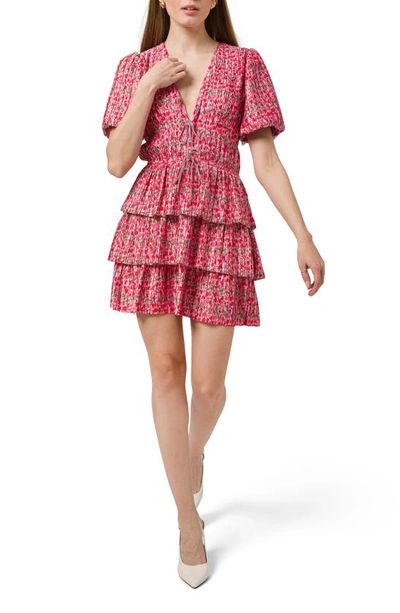 Shop Wayf Pleated Tiered Dress In Red Mini Roses