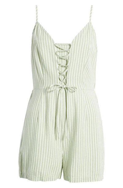 Shop Vero Moda Stripe Lace-up Romper In Reseda Stripes Snw White