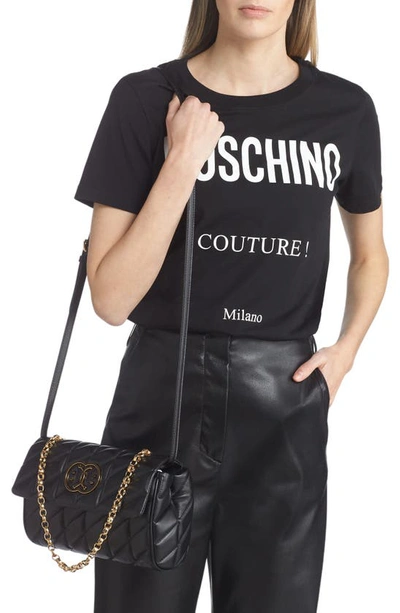 Shop Moschino Double Smile Quilted Leather Shoulder Bag In Fantasy Print Black