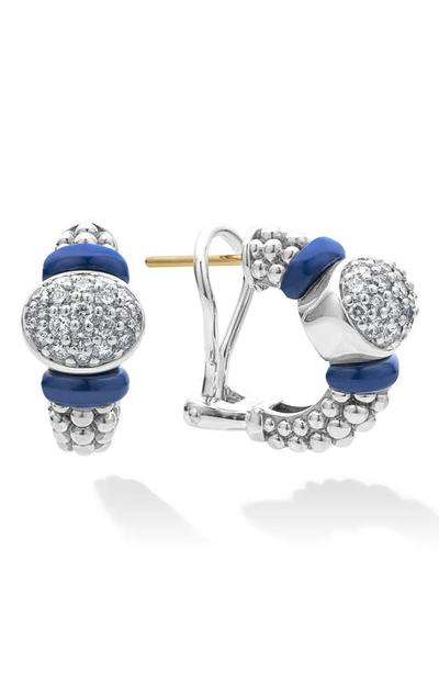 Shop Lagos Ultramarine Ceramic & Diamond Caviar Hoop Earrings In Marine