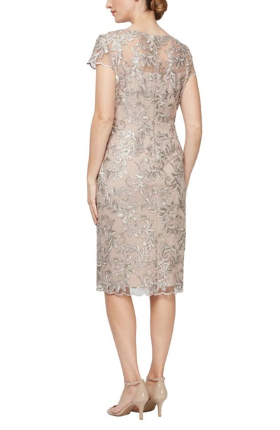 Alex Evenings Embroidered Illusion Yoke Sequin Sheath Dress In Taupe