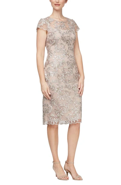 Shop Alex Evenings Embroidered Illusion Yoke Sequin Sheath Dress In Taupe