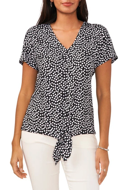 Shop Chaus Polka Dot V-neck Tie Front Top In Black