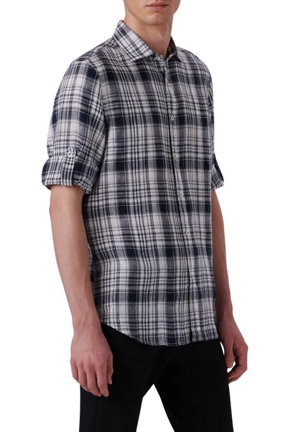 Shop Bugatchi Shaped Fit Plaid Linen Button-up Shirt In Black
