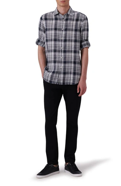 Shop Bugatchi Shaped Fit Plaid Linen Button-up Shirt In Black