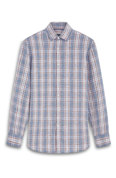 Shop Bugatchi Shaped Fit Plaid Linen Button-up Shirt In Indigo
