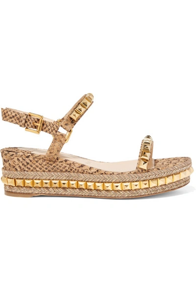 Christian Louboutin Cataclou 60 Embellished Patent-leather Wedge Espadrille Sandals In Vers Platine-light Gold