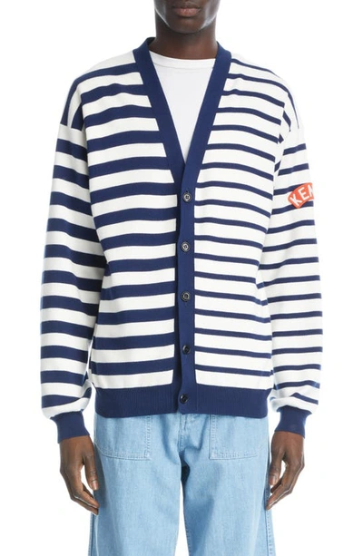 Shop Kenzo Nautical Mixed Stripe Cotton & Wool Cardigan In 77 - Midnight Blue