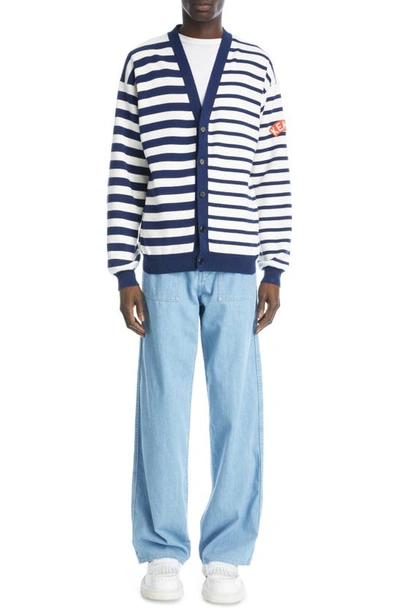 Shop Kenzo Nautical Mixed Stripe Cotton & Wool Cardigan In 77 - Midnight Blue