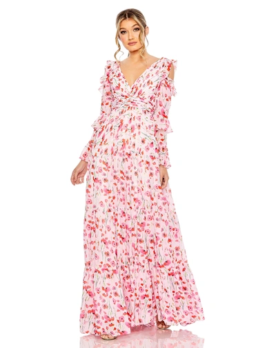 Shop Mac Duggal Ruffle Sleeve Floral Print Gown In White Multi