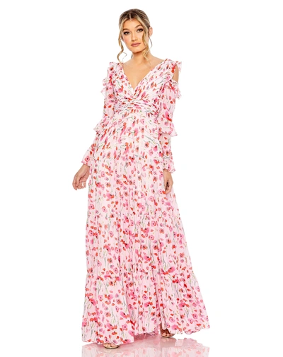 Mac Duggal Ruffle Sleeve Floral Print Gown In White Multi