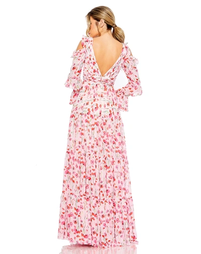 Mac Duggal Ruffle Sleeve Floral Print Gown In White Multi