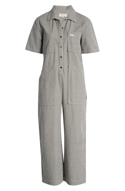 Shop Brixton Sorrento Stripe Cotton Jumpsuit In Black/off White