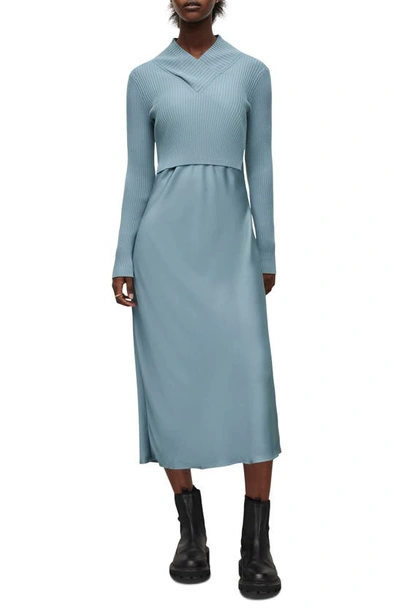 Allsaints Hana Mixed Media Long Sleeve Dress In Blue Slate | ModeSens