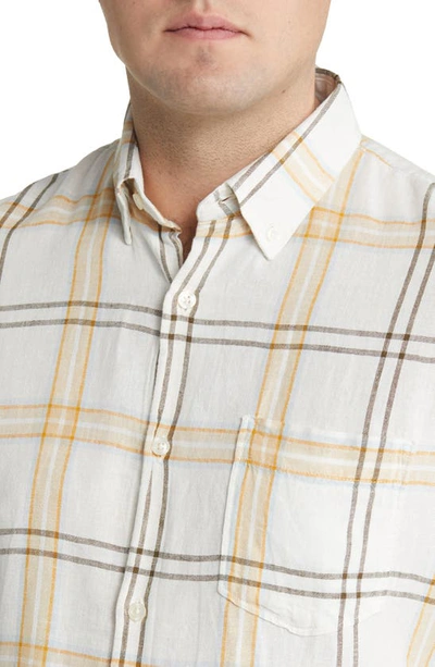 Nordstrom Family Moments Trim Fit Plaid Short Sleeve Linen Blend Button-down Shirt In Ivory Cloud Louis Plaid