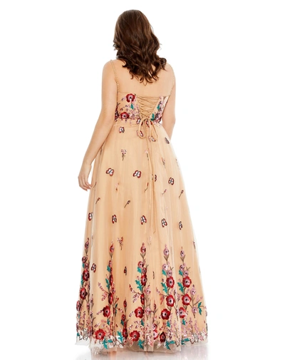 Shop Mac Duggal Embellished Butterfly Sleeveless Lace Up Gown In Nude Multi