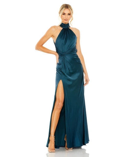 Shop Mac Duggal Open Back High Neck Side Ruched Gown In Ocean