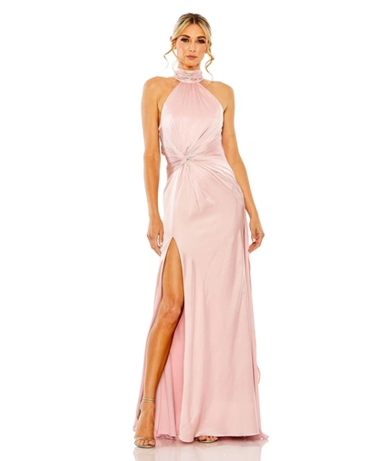 Shop Mac Duggal Open Back High Neck Side Ruched Gown In Shell Pink