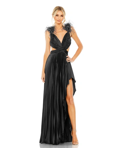 Shop Mac Duggal Pleated Feather Cap Sleeve Open Back Gown In Black