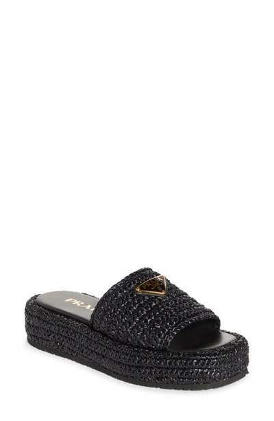 Shop Prada Raffia Flatform Slide Sandal In Black