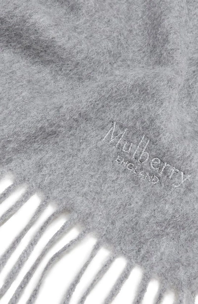 Shop Mulberry Embroidered Logo Fringe Trim Cashmere Scarf In Light Grey Melange