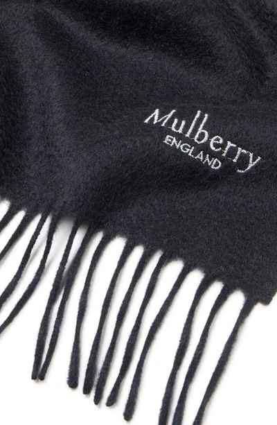 Shop Mulberry Embroidered Logo Fringe Trim Cashmere Scarf In Black