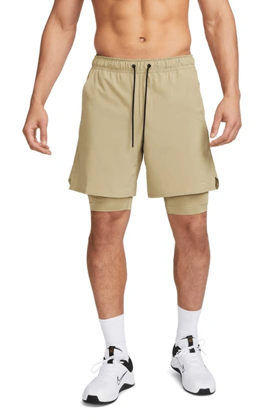 Shop Nike Dri-fit Unlimited 2-in-1 Versatile Shorts In Neutral Olive