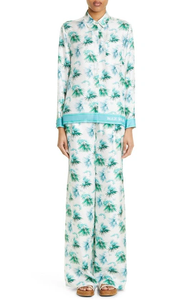 Shop Max Mara Svago Tropical Floral Silk Button-up Shirt In Turquoise